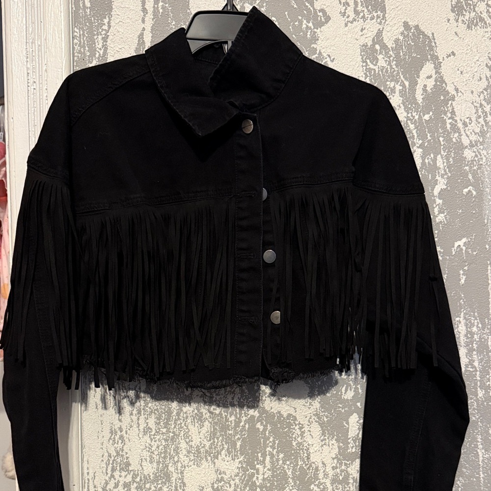 Black Fringe Cropped Women's Jacket